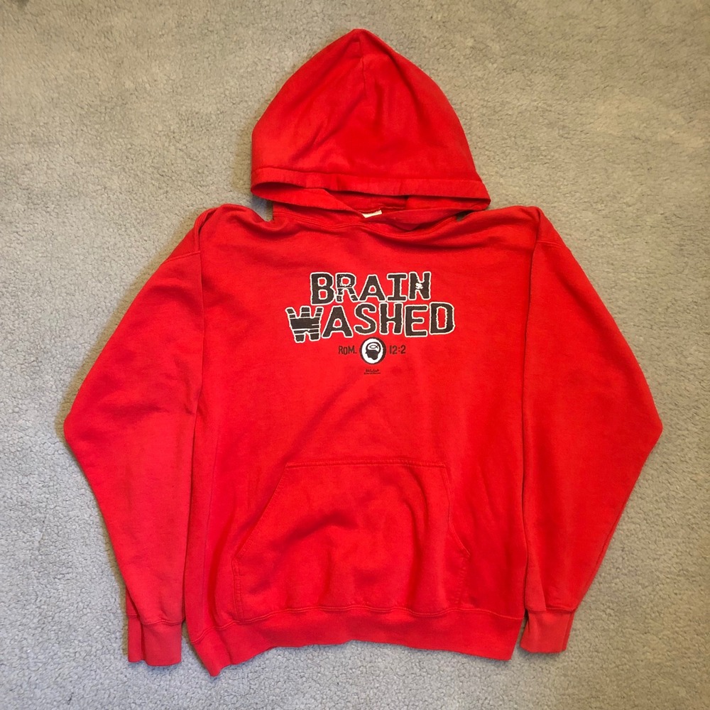 VTG Brain Washed Romans 12:2 Religious Graphic Hoodie Red Large Jesus Bible